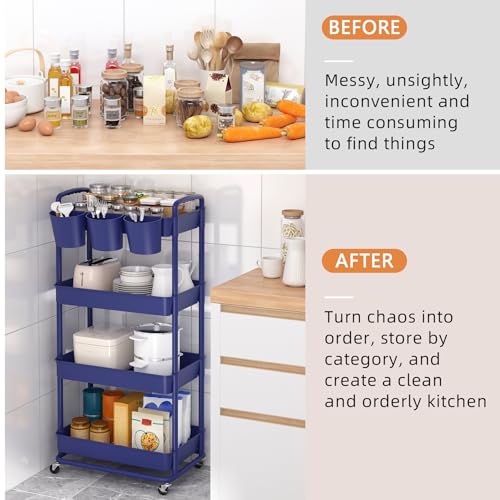 JIUYOTREE 4-Tier Plastic Rolling Storage Cart Utility Cart with Extra Hanging Cups Handles Lockable Wheels for Living Room Bathroom Kitchen Office Blue - color: Blue, size: 4-Tier
