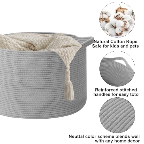 65L Large Blanket Basket,Woven Rope Laundry Basket Hamper with Handles,Decorative Nursery Basket Storage Bin for Toys, Pillows , Clothes Organizer, Living Room, Bedroom, Bathroom, Light Gry - color: Light Grey, size: 19.7"L x 19.7"W x 13"H(65L)