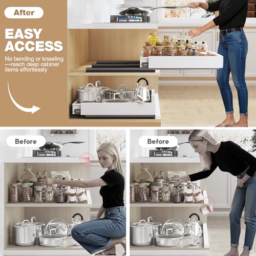Seinloes 2 Pack Pull Out Cabinet Organizer With Raising Pad for Framed Cabinets,Expandable Width (11"-16") and Depth (13"-17"),3 Slide Rails Slide Out Drawers with Handle,No-Drill Roll Out Shelf,White - color: White, size: 11"-16"W x 13"-17"D(2Pack)