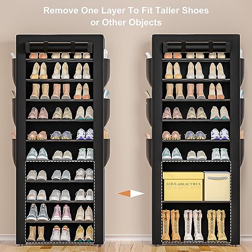 OYREL Large Shoe Rack, Black, 6 Side Pockets, 23.6" Wide x 11.4" Deep x 68.9" Tall, 36-41 Pairs of Shoes - color: Black