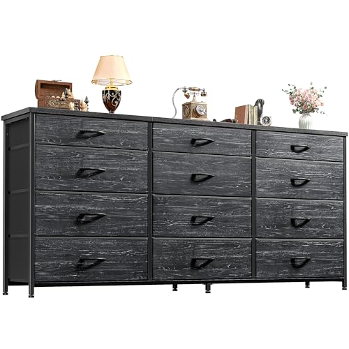 Romorgniz 55" Long Dresser for Bedroom with 12 Fabric Drawers, Entertainment Center for 60 inch TV Dressers & Chests of Drawers Large Organizer, Living Room, Metal Frame, Wood Top, Black - color: Black