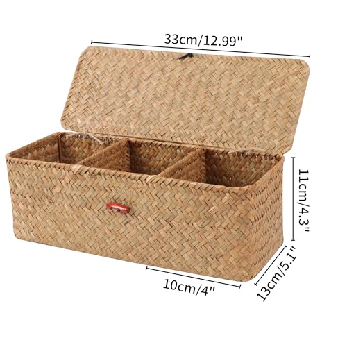 Moosky Wicker Shelf Baskets with Lid,Rectangular Seagrass Woven Storage Baskets with Dividers for Bathroom Organizer Small Bins Home Decor (Natural) - color: Natural