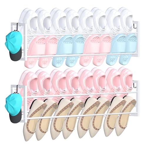 2 Pack Wall Mounted Shoe Rack for Narrow Spaces, Hanging Shoe Rack Holds 16 Pairs, 17"-30"Adjustable Heavy Duty Wall Shoe Storage with 4 Storage Hooks, Space Saving for Closet Entryway Door, White - color: White, size: 2 Pack