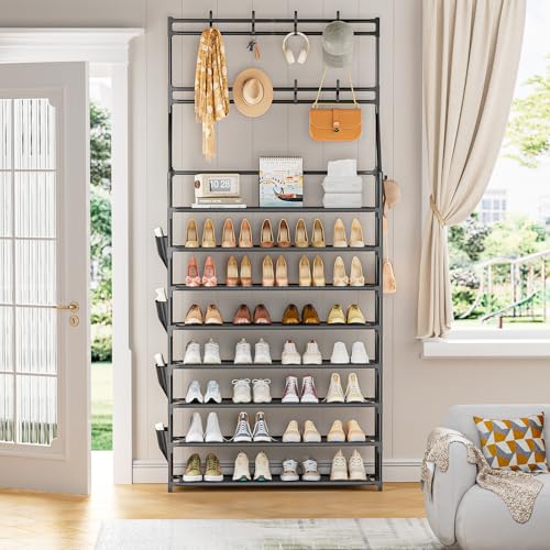 OYREL Shoe Rack 8 Tier Large Shoe Organizer Storage 32-40 Pairs Metal Shoe Storage Rack with Hooks and Side Pocket for Entrance Entryway Closet Shoe Shelf Holder - color: Black, size: 8 Tier