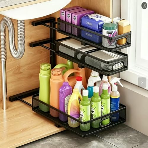 2 Pack Under Sink Organizer, 3-Tier Pull Out Kitchen Cabinet Organizer, Height Adjustable Metal Slide Out Bathroom Storage Makeup Drawer Rack for Bedroom Office Laundry Pantry Home Organization, Black - color: 3-Tier-Black, size: 2-Pack
