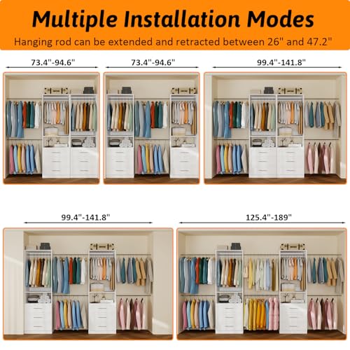 vomavex Closet System of 2 Set, 4-18FT Closet Organizer System with 10 Hanging Rods & 6 Wood Drawer & Adjustable Shelves, Walk in Closet Storage System, Free Standing Closet System, White - color: 4-18ft