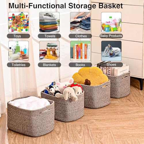 ICERZCZ Storage Baskets for Shelves Organizing, Woven Cotton Rope Baskets for Storage, Book Basket, Decorative Shelf Basket, 12.5"Lx9.1''Wx7.9''H (4 Packs) Dark Brown - color: Dark Brown, size: 12.5"(l)×9.1"(w)×7.9"(h)
