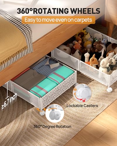 Under Bed Storage with Wheels, 2 Pack Foldable Metal Under Bed Storage Containers, 60L Rolling Underbed Storage, Easy Assembly Under The Bed Storage for Bedroom Clothes Shoes Blankets - color: White, size: 2 Pack