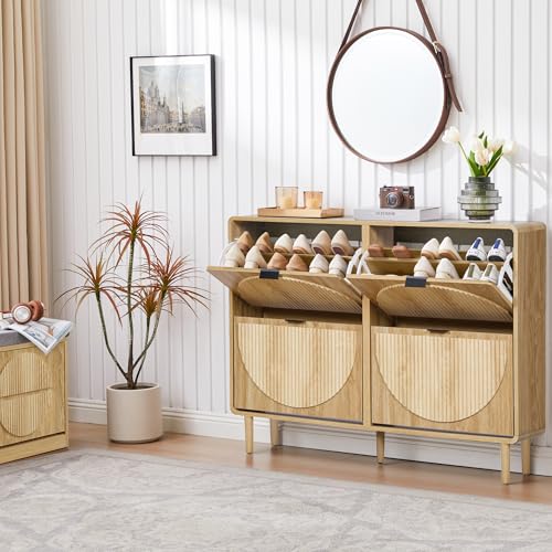 Turtle&Myrtle Narrow Fluted Shoe Cabinet for Entryway, Slim Hidden Shoe Rack, Wooden Freestanding Shoe Storage Organizer with 4 Flip Drawers, Hallway, Living Room, Foyer (Natural) - color: Natural-4 Flip Drawers