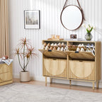 Turtle&Myrtle Narrow Fluted Shoe Cabinet for Entryway, Slim Hidden Shoe Rack, Wooden Freestanding Shoe Storage Organizer with 4 Flip Drawers, Hallway, Living Room, Foyer (Natural) - color: Natural-4 Flip Drawers