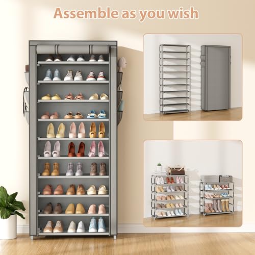 VTRIN Vertical Narrow Shoe Rack Organizer Tall Shoe Rack for Closet Entryway 10 Tier Non-Woven Cover Shoe Shelf Holds 36-41 Pairs Free Standing Shoe Storage Cabinet with Dustproof Cover, Grey - color: Grey, size: 24.8"W x11.8"D x 68.9"H