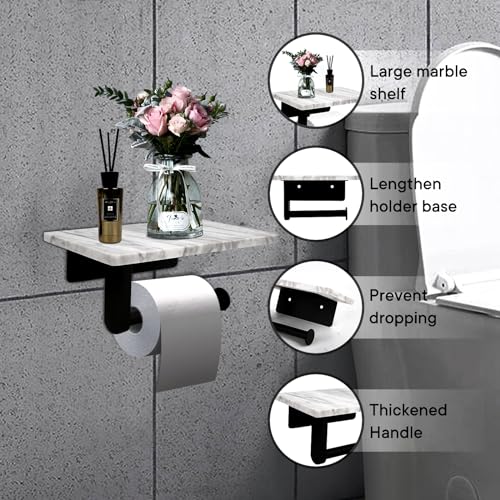 Toilet Paper Holder with Natural Marble Shelf for Bathroom Washroom,Wall Mounted Tissue Holder Suitable for Mega Rol(Middle 7.87 * 4.72 in, Matte Black) - color: Matte Black, size: Middle 7.87 * 4.72 in