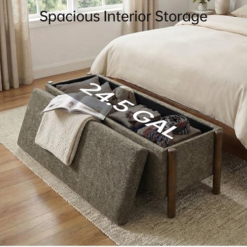 Usaint Wooden Storage Ottoman Bench, 47" Fabric Upholstered End of Storage Bench with Rubberwood Legs, Entryway Bench with Storage for Bedroom, Living Room, Reception, Cloakroom, Brown - color: Brown