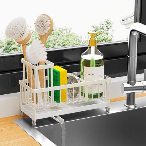 Cisily Sponge Holder for Kitchen Sink, Sink Caddy Organizer with High Brush Holder, Kitchen Countertop Organizers and Storage Essentials, Rustproof 304 Stainless Steel (Cream, 9.25″) - color: Cream
