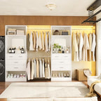 Unikito Closet Systems, 6-14FT Walk in Closet Organizer with 8 Drawers and Mirror, 168" Large Wood Closets Insert with Tower, Sturdy Wardrobe Closets Garment Rack with Extendable Hanging Rods, White