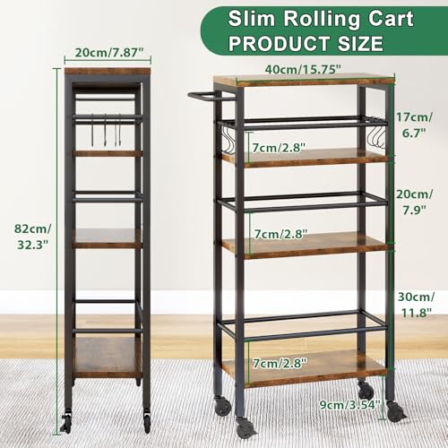 IBUYKE 7.8" Slim Rolling Cart,4-Tier Metal Kitchen Storage Cart,Trolley cart on Wheels for Narrow Space,with Handle and Wooden Tabletop,for Kitchen, Dining Room,Laundry Room,Rustic Brown UTMJ065H - style: Brown