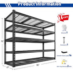 REIBII 55" W Garage Shelving Unit, 5-Tier Adjustable Rivet Metal Shelves, 2800 LBS Industrial Steel Storage Shelves with Reinforced Mesh, for Warehouse Basement Pantry, Shed, Black, 72" H x 17.7" D - size: 55"Wx17"D x 72"H