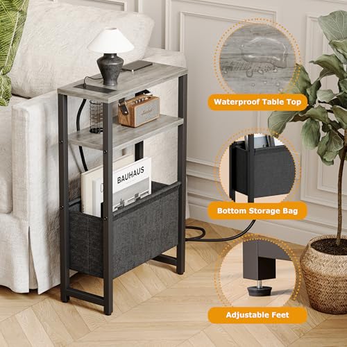 Narrow Side Table with Charging Station Slim End Table Sofa with Magazine Rack, Bedside Table for Small Spaces, 3 Tier Nightstand for Living Room Couch, Bedroom Oak Grey LET503QE - color: Oak Grey