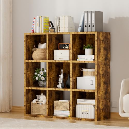 COMHOMA 9 Wood Cube Storage Organizer with Open Back and Removable Back Panels, 11In Brown Cube Storage Bookshelf, Cubicle Shelf Bookcase for Home Office Bedroom Living Room, Vertical or Horizontal - color: 9 Cube Brown