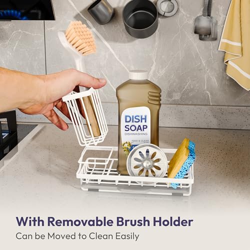 SWTYMIKI Sink Caddy Sponge Holder - Kitchen Sink Organizer with High Brush Holder for Countertop to Hold Dish Soaps and Sponges, Stainless Steel, White - color: White, size: Medium