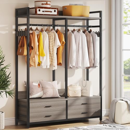 Tribesigns Freestanding Closet Organizer for Hanging Clothes, Heavy Duty Garment Rack with 4 Drawers, 8 Hooks and Storage Shelves, Wardrobe Closet Clothing Rack for Bedroom, Living Room, Grey - color: Gray