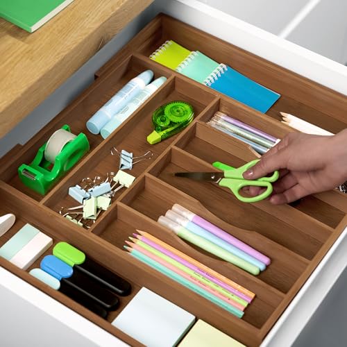 ROYAL CRAFT WOOD Luxury Bamboo Kitchen Drawer Organizer - Silverware Organizer - Utensil Holder and Cutlery Tray with Grooved Drawer Dividers for Flatware and Kitchen Utensils (9 Slot, Brown Bamboo) - color: Brown Bamboo, size: 9 Slot