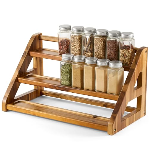 Tinamo Acacia Wood Spice Rack for Countertop - Wooden Tray Holds 24 Jars Spice Racks Organizer for Storage Shelf - 3 Tiered Spice Rack Organizer for Cabinet - Spice Shelf for Kitchen Pantry (Acacia) - color: Acacia