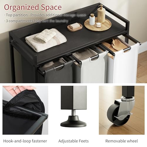 Herture Laundry Hampers with Shelf, Laundry Basket 3 Section, Laundry Sorter with Pull-Out Removable Large 3 Color Bags and Movable Wheels, Metal Frame, 3 x 15.87 Gallons (60L), Black PF04XLK - color: Black + 3-Color, size: 3 Bags-180 L