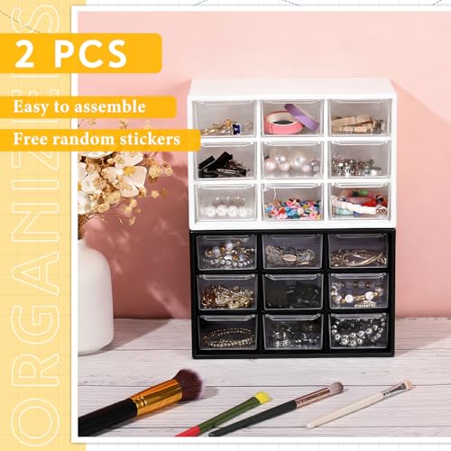 Wenqik 2 Pcs Mini Storage Drawers Teacher Toolbox Organizer with 9 Clear Drawers Small Plastic Desktop Teacher Desk Craft Organizer for Classroom Office 7" x 3. 9" x 4. 7" (Black, White) - color: Black, White