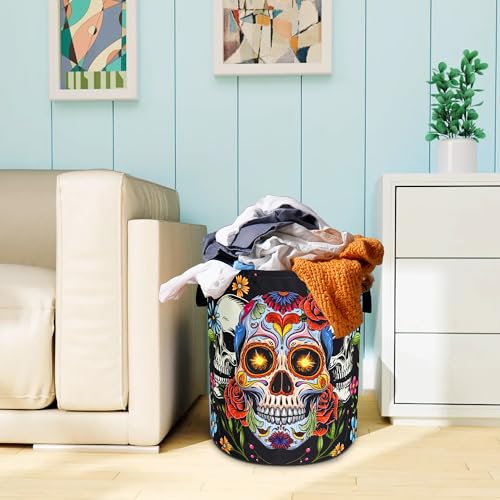 Sugar Skull Laundry Basket Skeleton Print Oxford Cloth Laundry Hamper With Handle Foldable Portable Clothes Storage Basket 18.9 X 16.5 In Storage Bag For Laundry Room/Bathroom/Bedroom/Dormitories - color: Sugar Skull