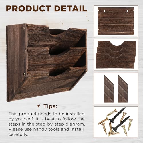RattanView 3 Wall Wood File Organizer Hanging File Organizer for Office Rustic Paper Mail Organizer Mounted Storage Rack for Home Documents Magazine Literature Folders Brown