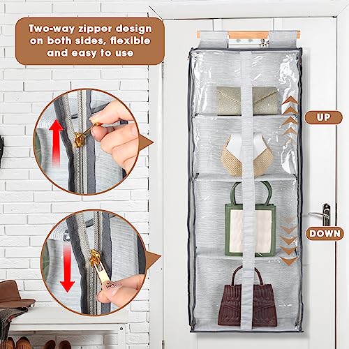 Silkfly 2 Pack Hanging Purse Organizer for Closet Clear Handbag Storage Hanger with Zipper Holder over The Door Wardrobe Tote Bag Storage Holder for Bedrooms Living Room(Gray) - color: Gray