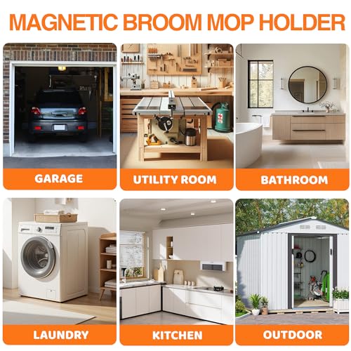 Magnetic Broom Holder Wall Mount with 4 Hooks and 5 Rack- Heavy Duty Non-Slip Mop Hanger for Wet Mops&Cleaning Tools on Refrigerator,Metal Door,Garage,Kitchen,Laundry Room