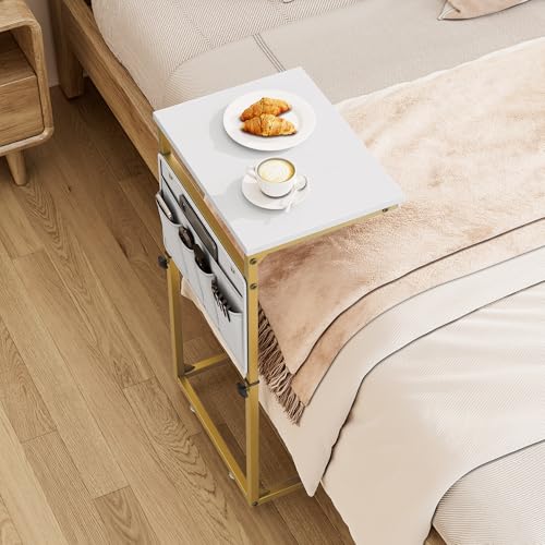 Vagusicc C Shaped End Table, 33'' Tall Side Table for Couch, Adjustable Height Small Couch Side Table for Small Spaces, C Table End Table Slide Under Sofa Table TV Tray Arm Table for Living Room - color: Golden