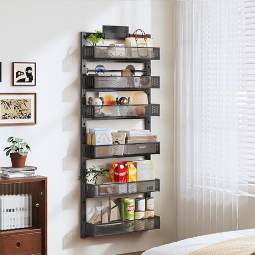 Pantry Door Organizers and Storage, 6-Tier Large Metal Heavy-Duty Frame Over the Door Spice Rack, 2 in 1 Wall-Mounted or Hanging shelf for Kitchen, Bathroom, Laundry Room, Bedroom, Closet &Nursery - color: Black, size: 17.2"W-6 tier