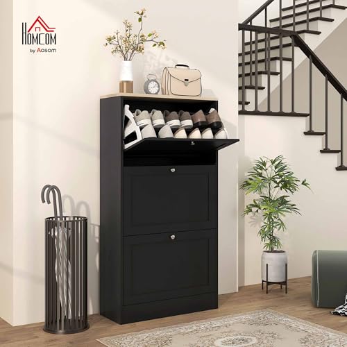 HOMCOM Narrow Shoe Storage Cabinet for Entryway with 3 Flip Drawers and Adjustable Shelves, Shoe Rack Organizer for 18 Pairs of Shoes, Black - color: Black, size: 23.6" x 9.4" x 45.3"