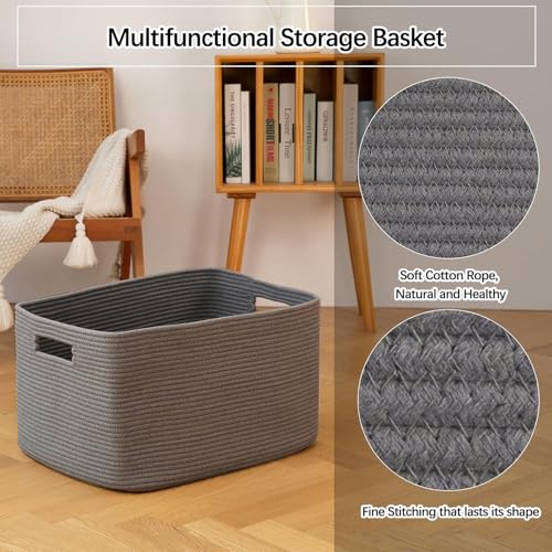 OIAHOMY XXLarge Rectangle Blanket Basket-96L, Cotton Woven Basket for Storage, Dirty Clothes Basket for Living Room, Nursery, Bedroom, Toy Organizing with Handle, 24" x 16" x 15", Dark Grey - color: Dark Grey, size: 24”x16”x15”