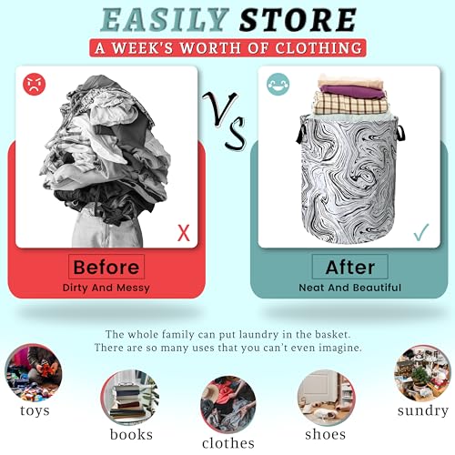 Black and White Marble Texture Laundry Basket Foldable With Handles Tote Bag Oxford Cloth Funny Laundry Hamper Clothes Storage Bucket Toy Organizer 18.9"x16.5"For Bathroom/Laundry/Bedroom - color: Black and White Marble Texture