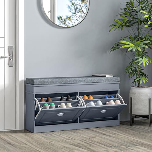 HOMCOM Modern Shoe Rack Bench for Entryway, Storage Organizer with Cushion, 2 Drawers, Adjustable Shelf, Holds 8 Pairs, Gray - color: Grey
