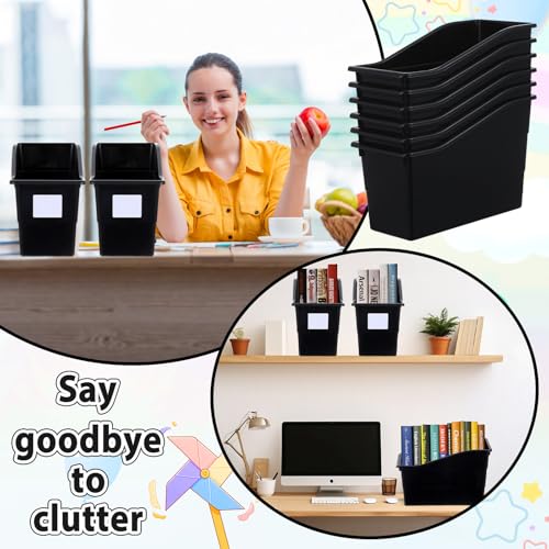 12 Pack Large Book Bins, Durable Magazine Organizer File Holder High-Quality Plastic Book Storage Bins with Labels for Classroom Library, Office, Desktop Organization, Bookshelf Categorization (Black) - color: Black