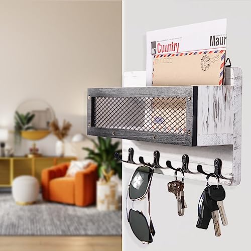 ADIIL Mail and Key Holder for Wall Decorative, Wooden Wall Mount Key Rack Hanger Organizer with 4 Double Key Hooks, Rustic Home Decor for Entryway Hallway, White - color: White