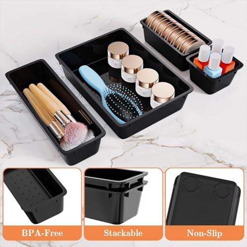 SpaceHacks 25 PCS Plastic Drawer Organizer Set, 4-Size Versatile Organizer Trays & Storage Bins for Makeup, Jewelry, and Gadgets in Bathroom, Bedroom and Office, Black - color: Black