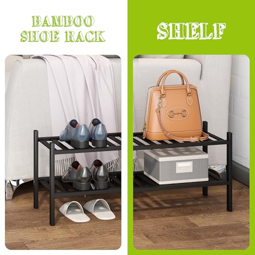 BMOSU 2-Tier Bamboo Shoe Rack Premium Stackable Shoe Shelf Storage Organizer for Hallway Closet Living Room Entryway Organizer (Black Bamboo) - color: Black Bamboo, size: 2-Tier（27*11*12.6inches）