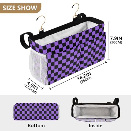Checkerboard Black Purple Plaid Print Bedside Caddy Storage Bag Bedside Organizer for Bunk Bed Headboards College Organizer Caddy Hanging Shelf 6 Pockets with Hooks for Drinks Magazine Phone Holder - color: Checkerboard Black Purple