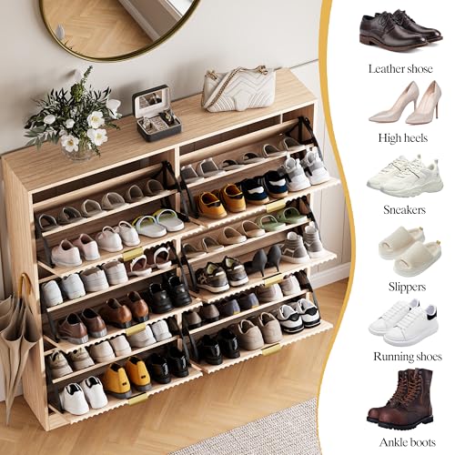 HUANLEGO Shoe Cabinet Storage for Entryway with 6 Flip Drawers, Oak Fluted Shoe Cabinet with Adjustable Shelves, Wooden Hidden Shoe Rack Freestanding Narrow Slim Shoes Storage for Hallway, Entrance - color: Oak, size: 6 Drawer