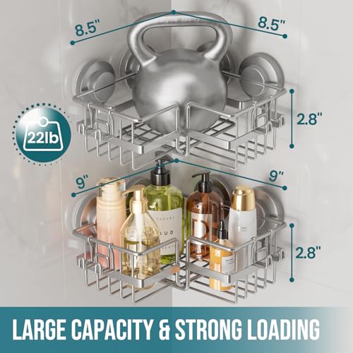 TAILI Corner-adaptive Suction Cup Shower Caddy 2 Pack, Stainless Steel Rustproof Corner Shower Shelves, Drill-Free Wall Mounted Baskets, Large Capacity, Removable Suction Cup Bathroom Organizer, Gray - style: Corner-adaptive, Grey