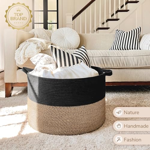 INDRESSME Large Storage Baskets for Organizing, 21.7 x 13.8 Blanket Basket Living Room Dog Toy Bin, Woven Laundry Basket for Dirty Clothes, Pillows, Towel, 90L Mix Black - color: Black & Mix Camel, size: 21.7"D x 13.8"H