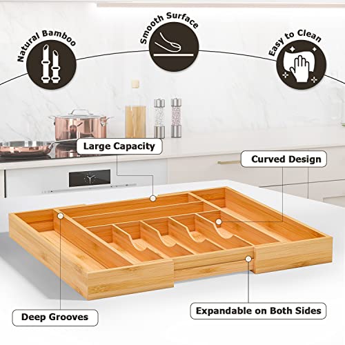 Utensil Organizer Silverware Tray For Drawer - Expandable Silverware Organizer Bamboo Flatware Organizer for Kitchen Utensils and Cutlery, Living Room Storage Box W13.5"-19.9" x L17.6" (Yellow) - color: Yellow, size: 9 Slot
