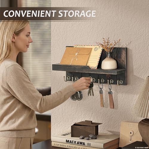 Rebee Vision Farmhouse Key Holder Wall Mount for Home Decor- Rustic Wooden Key Holder for Wall with Floating Shelf & 7 Sturdy Hooks - Ideal Mail Holder for Home Storage (Distressed Black) - color: Distressed Black, size: 15-inch