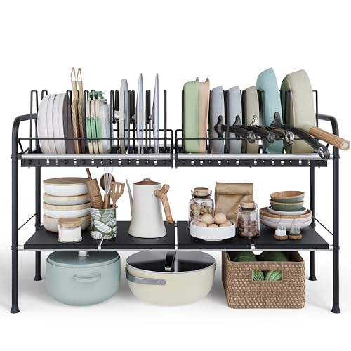 NETEL Adjustable Under Sink Organizers and Storage,Pots and Pans Organizer Under Kitchen Cabinet,Pan Lid Organizers Inside Cabinet,Expandable Cabinet Storage Shelf with Pan Rack and 14 Dividers - size: Multi-functional with 2 pot holders